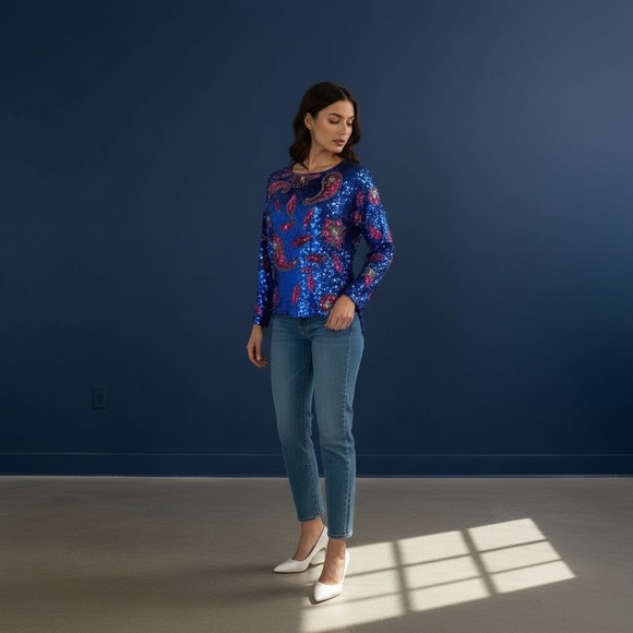 Vintage Tops - Vtg. Blue and Pink Sequin Blouse